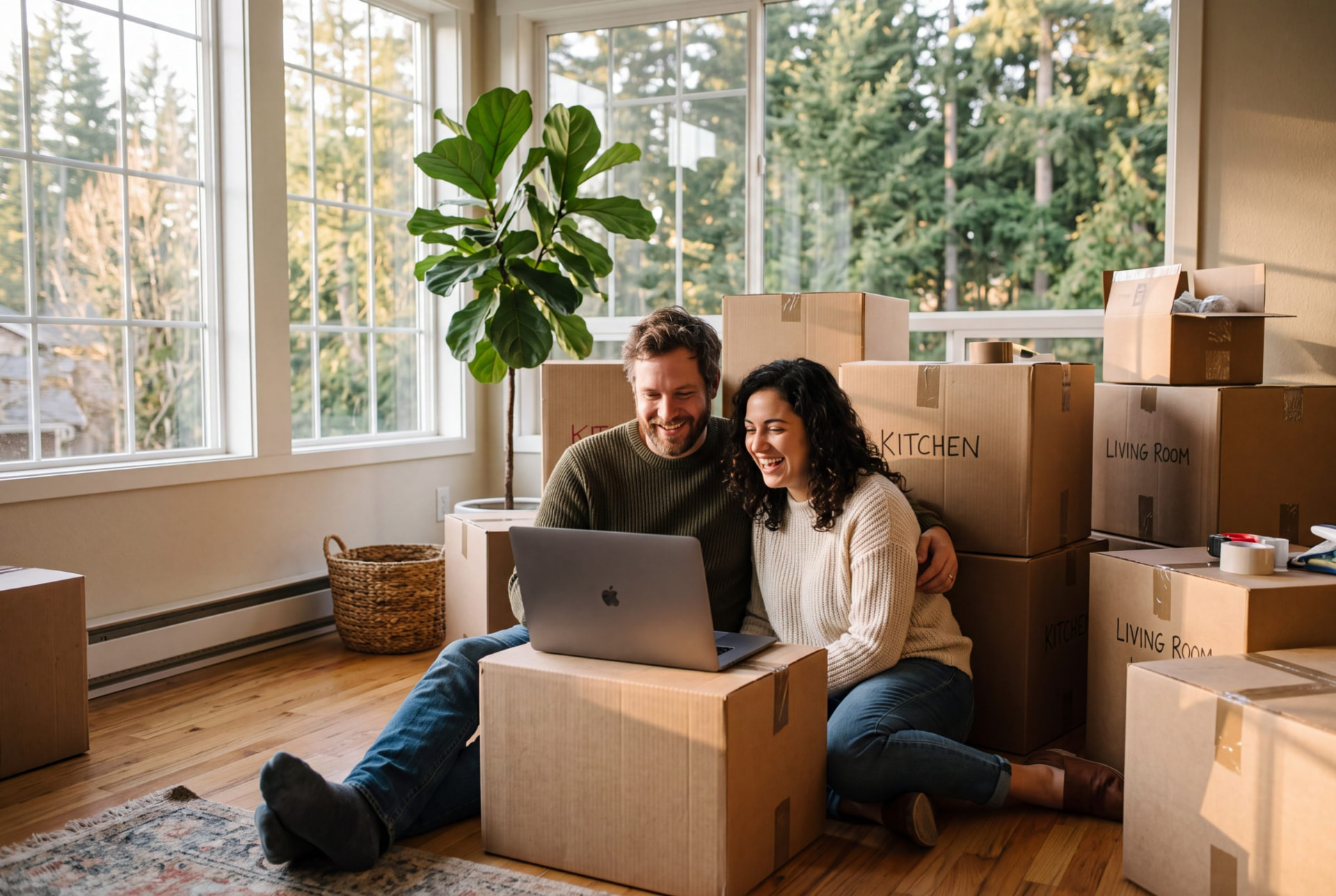 Home sellers reading their weekly update while preparing to move