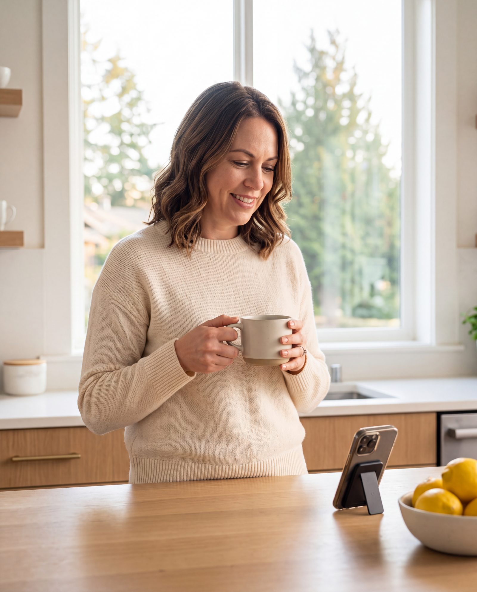 Real estate agent reviewing her morning briefing over coffee